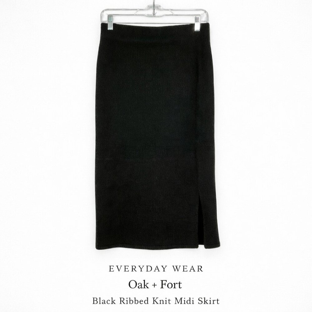 Oak + Fort Ribbed Knit Midi Skirt Black Side Slit Minimalist M